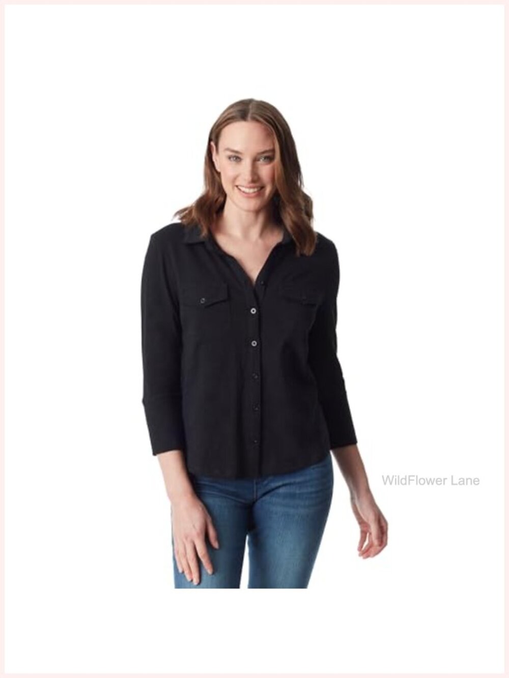 3/4 Sleeve Button Down Shirt Curved Hem Point Collar Chest Flap Pockets